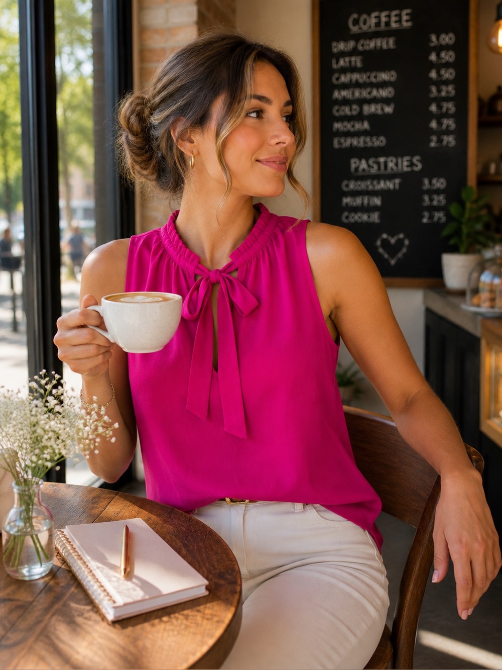 Ann Taylor Fuchsia Pink Tie Neck Keyhole Sleeveless Blouse Small